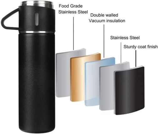 Insulated Stainless Steel Sport Vacuum Flask Set with Two Cups - Keeps Hot or Cold - Perfect for Tea - a 500ml Gift Box